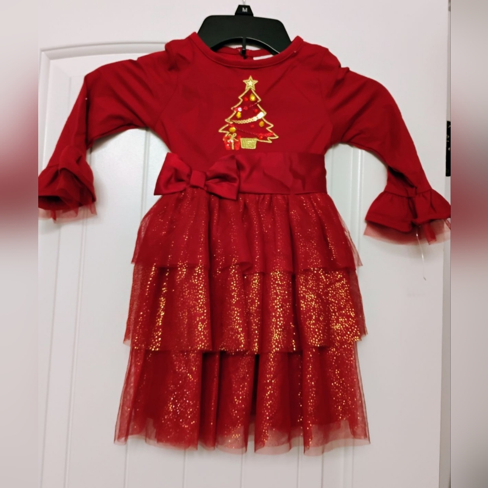 Rare Editions Girls Red Christmas Dress Sz-3T Long Sleeves 3 Tiered.